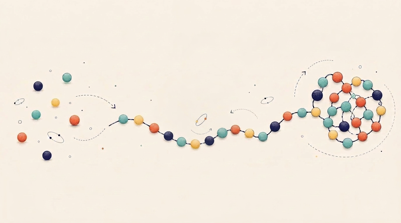 Neutral scientific illustration of a peptide chain — loose amino acids linking into a short peptide and folding into a protein cluster.