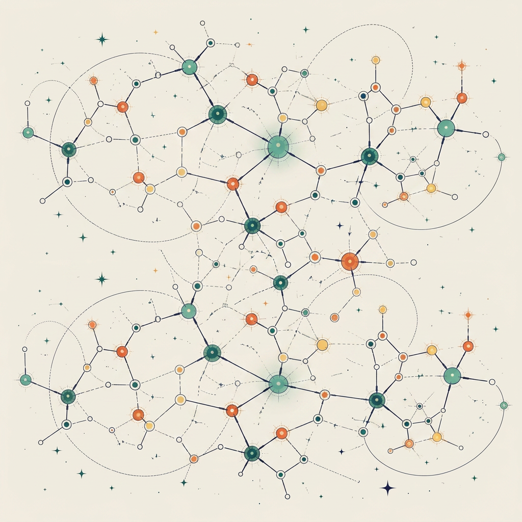 Illustrated molecular constellation with the GL Vitality Drips mark glowing at the centre
